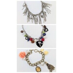 Set of 3 Charm Bracelet Zip Motif Heart Faux Pearl Flower Beads Retro Y2K Whimsy